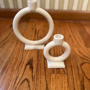 Crate&Barrel Speckled Cream Ceramic Ring Candle Stick Holders